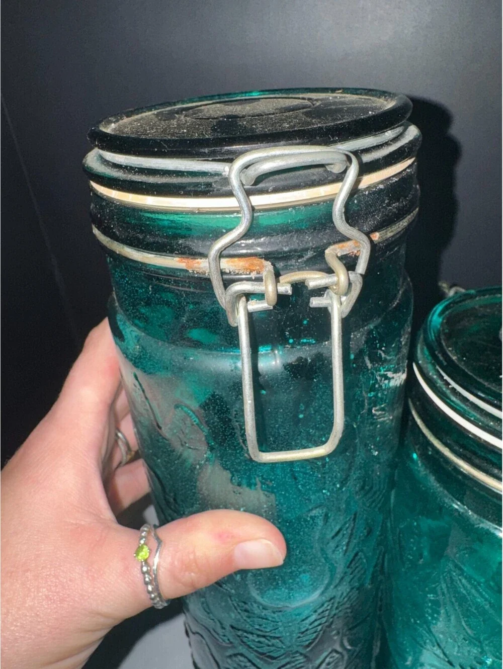 Vtg Mcm Emerald Green Fruit, Grape Design Glass Canister Set Wire Bail Lids 3pc